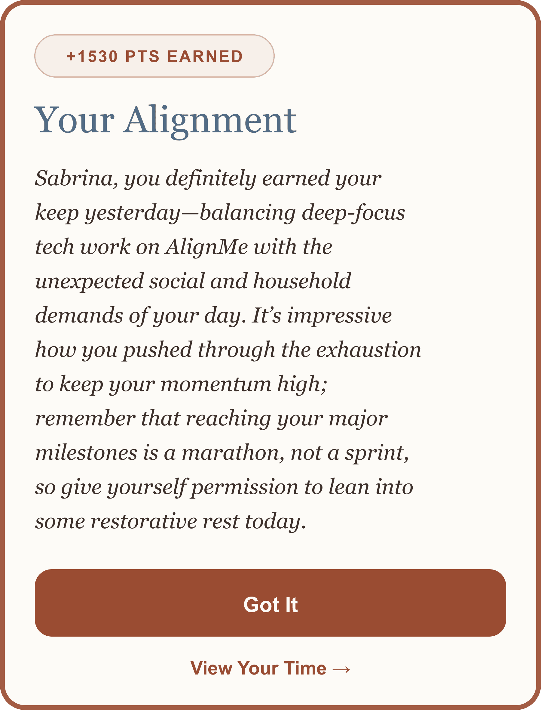 AlignMe daily feedback showing a personalized alignment reflection for Sabrina